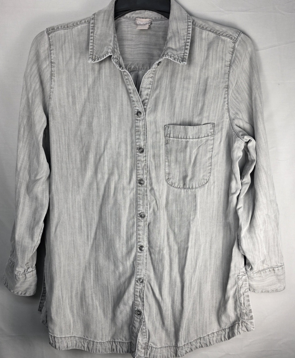 Chico's Classic Gray Tencel Denim Button Down Shirt Lyocell Size 2 Pre-Owned